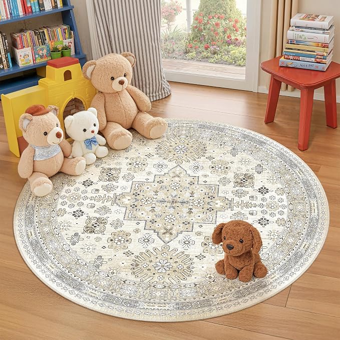 Round Rug 5ft, Circle Rug for Dining Room Table, Dining Room, Nursery Room by Zesthome