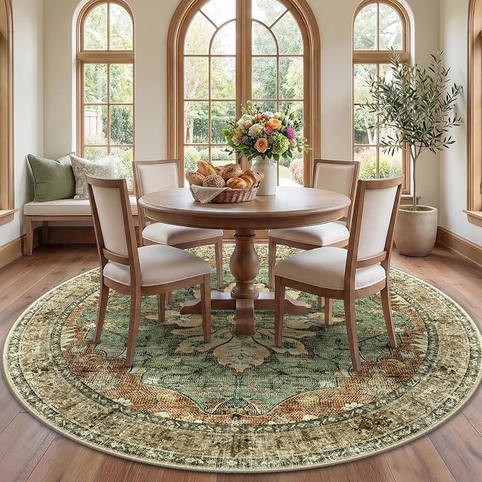 RELEANY Washable Area Rug, Round 7ft, Brick/Brown/Green | Non-Slip, Water by RELEANY