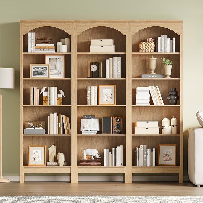 Arched Set of 2 Bookshelf with 5 Tier Open Shelves, Living Room, Natural Oak - Image 3