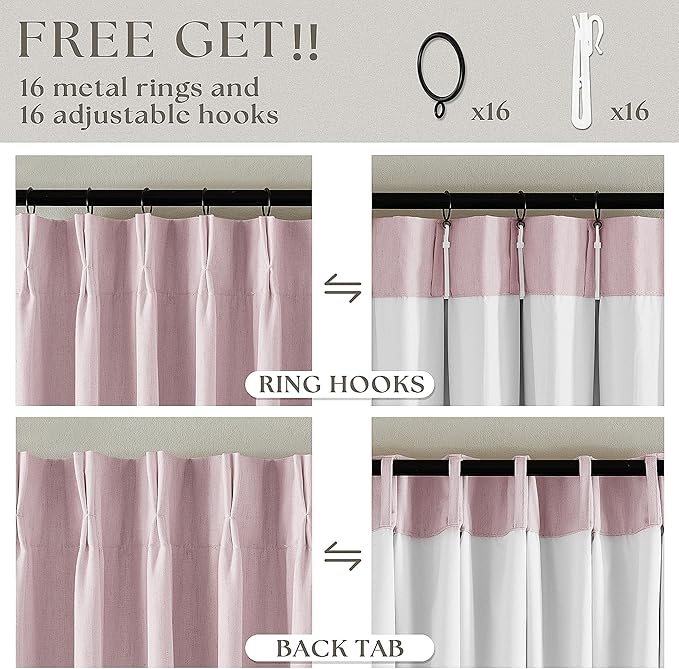 Light Pink 100% Black Out Pinch Pleat Linen 108 Inch Curtains | Black Out - Image 6