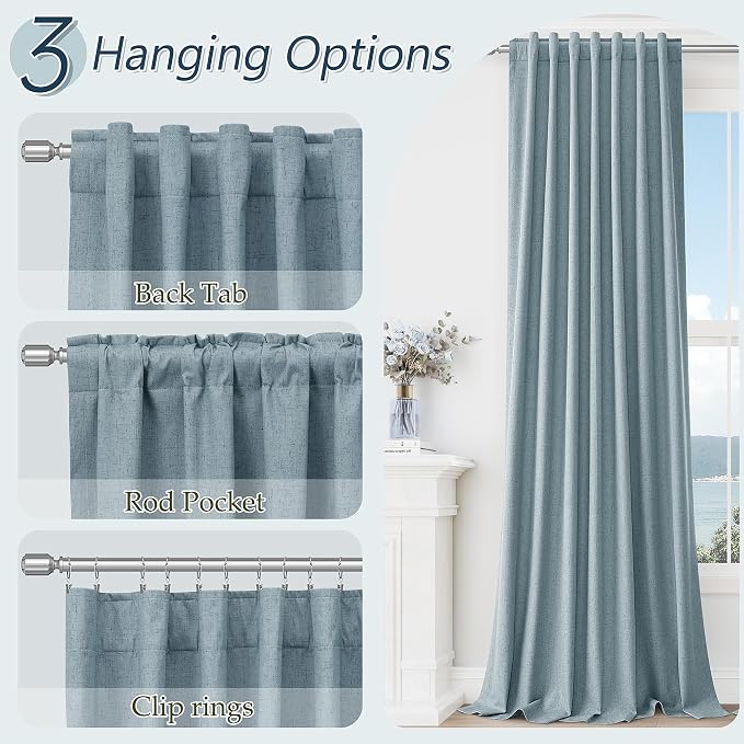 Blue 100% Blackout Linen Curtains 108 Inch Length 2 Panels Set - Image 5