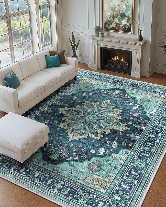 RELEANY Washable Area Rug, Large 9'x12', Teal | Non-Slip, Water Repellent - Image 2