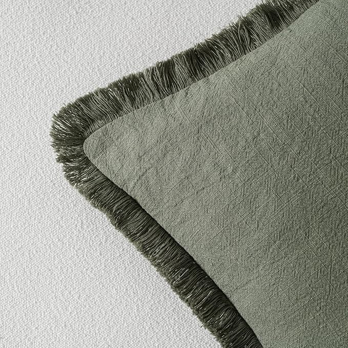 MIULEE Linen Fringe Decorative Throw Pillow Covers Light Olive Green 18x18 | - Image 3