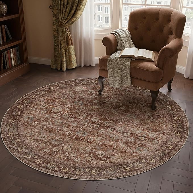 4ft Round Brick Red Vintage Floral Washable Rug - Image 3