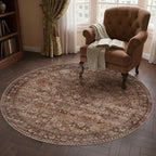 5ft Round Brick Red Vintage Floral Washable Rug - Image 3
