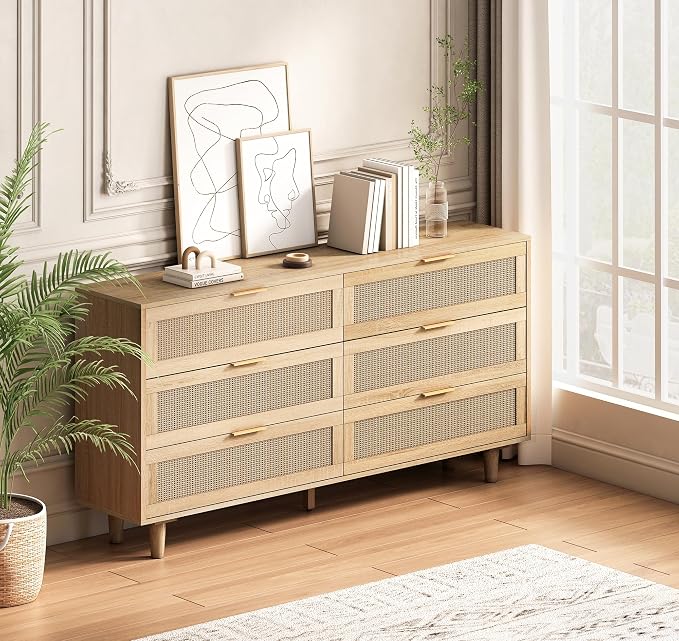 6 Drawer Double Dresser for Bedroom, Natural Rattan Modern Drawer Chest - Image 4