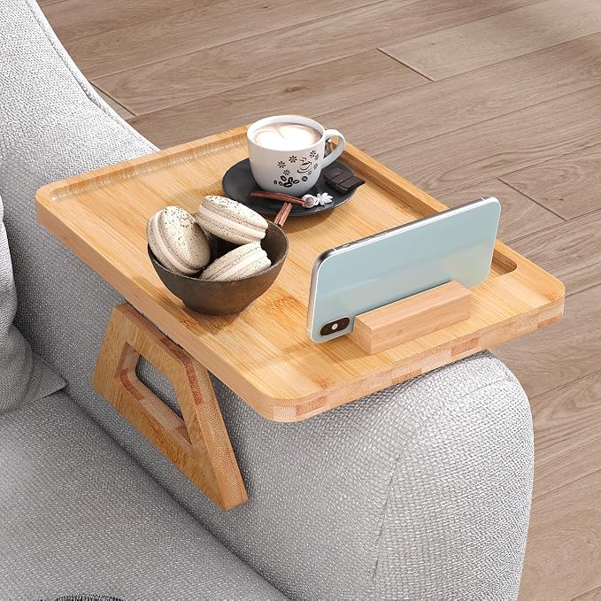 Couch Arm Tray with 360°Phone, Bamboo Folding Sofa Tray, Sofa Armrest Trays - Image 4