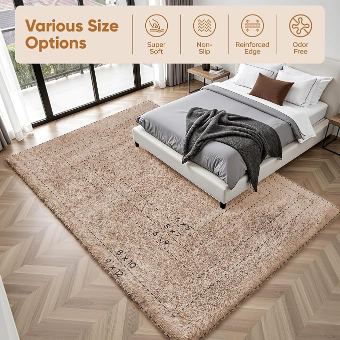 PLHXFR 8x10 Area Rugs Living Room: Fluffy Bedroom Rug Shag Carpet Camel | - Image 9