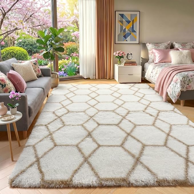 Area Rugs for Bedroom Living Room, 4x6 Fluffy White and Beige Geometric Rug | by ONASAR