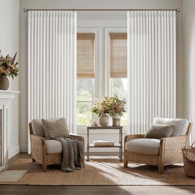 Pleated Semi Sheer Light Filtering Linen Beige Curtains 108 Inches Long | White by Twodrapes