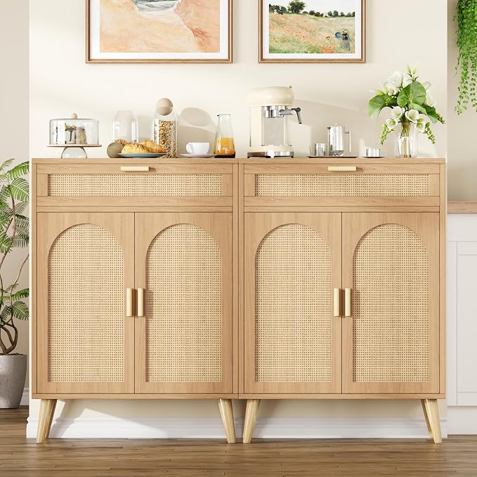 Rattan Buffet Sideboard Set of 2, Boho Buffet Cabinet by Keehusux