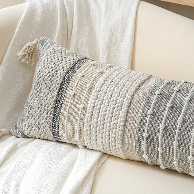 Decorative Lumbar Throw Pillow Cover 12x20 Boho Gray Accent Cushion - Image 4