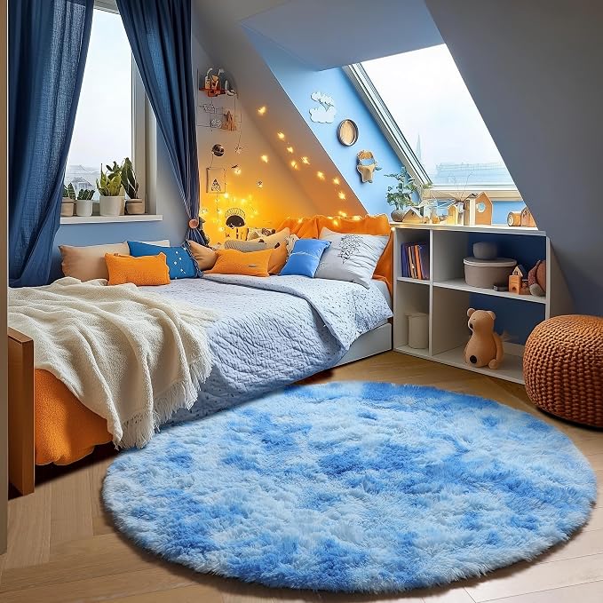Round Rugs 6ft for Living Room Bedroom, Tie-Dye Blue Fluffy Circle Area Rug for - Image 5