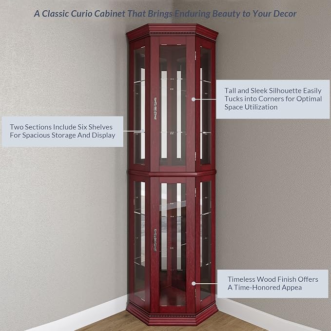 BELLEZE Lighted Wooden Corner Display Curio Cabinet, Two Section Shelving Unit - Image 5