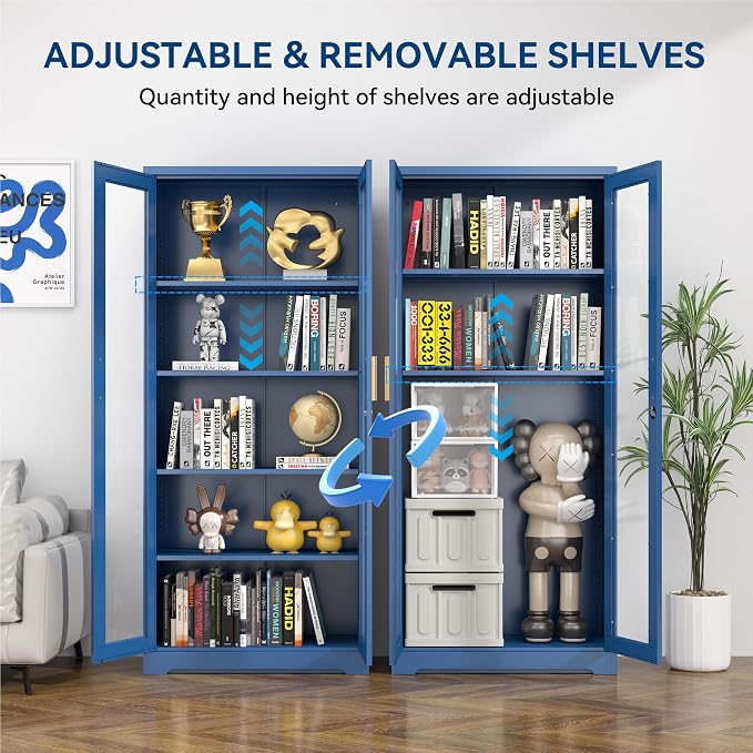 Polup Curio Cabinets with Glass Doors, Tall Bookcase with Adjustable Shelves - Image 6