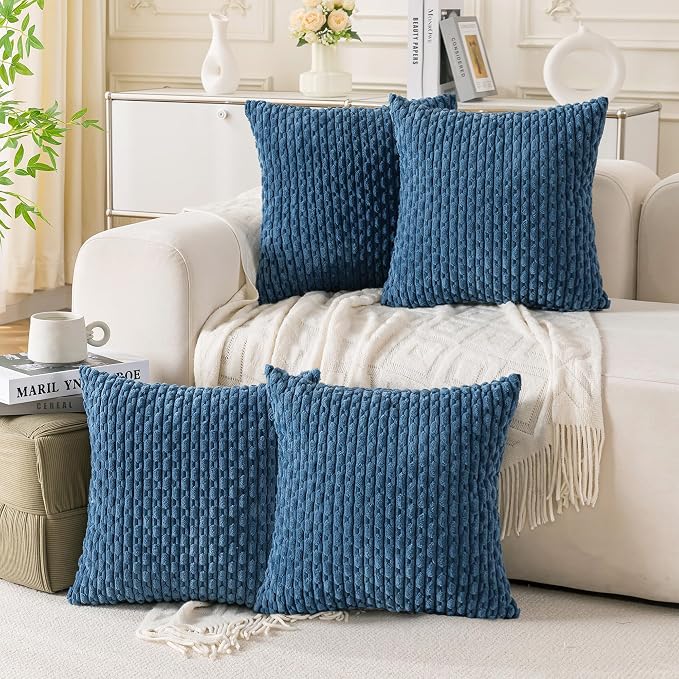 Set of 4 Blue Decorative Throw Pillow Covers 22x22 Inch Corduroy Pillow Covers by Cozoomy