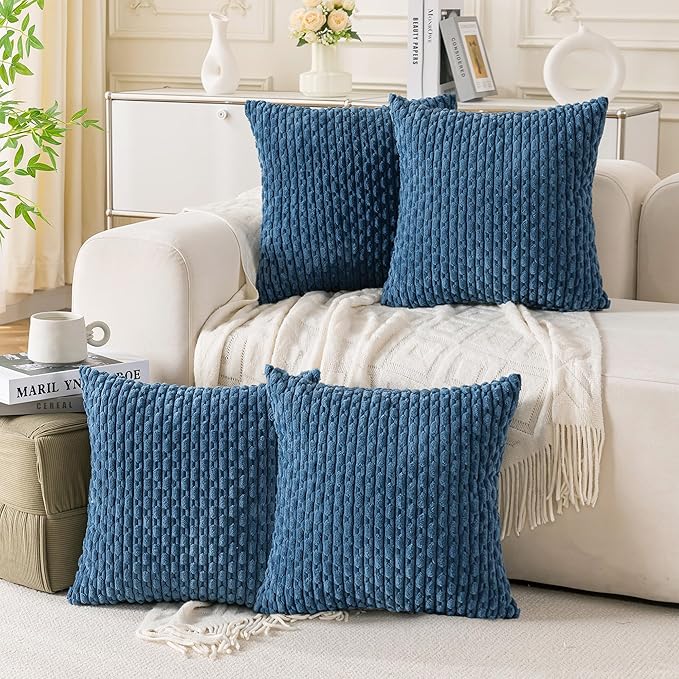 Set of 4 Blue Decorative Throw Pillow Covers 20x20 Inch Corduroy Pillow Covers by Cozoomy