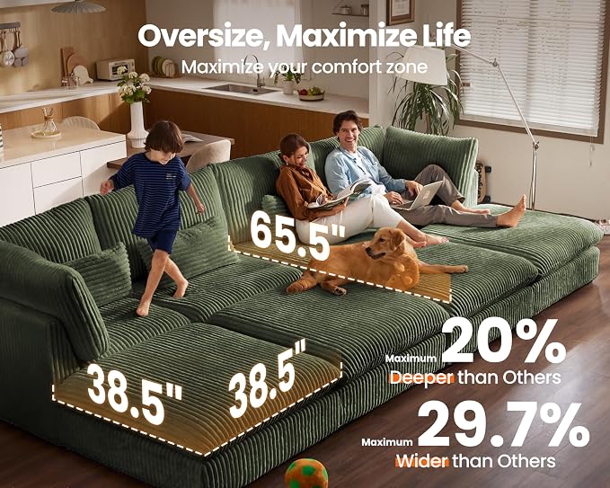 154" Oversized Corduroy Couch Modular Sectional Sofa, Washable Cloud Couch - Image 3