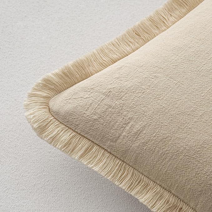 MIULEE Boho Linen Fringe Decorative Throw Pillow Covers Beige 18x18 | Set of 2 - Image 3