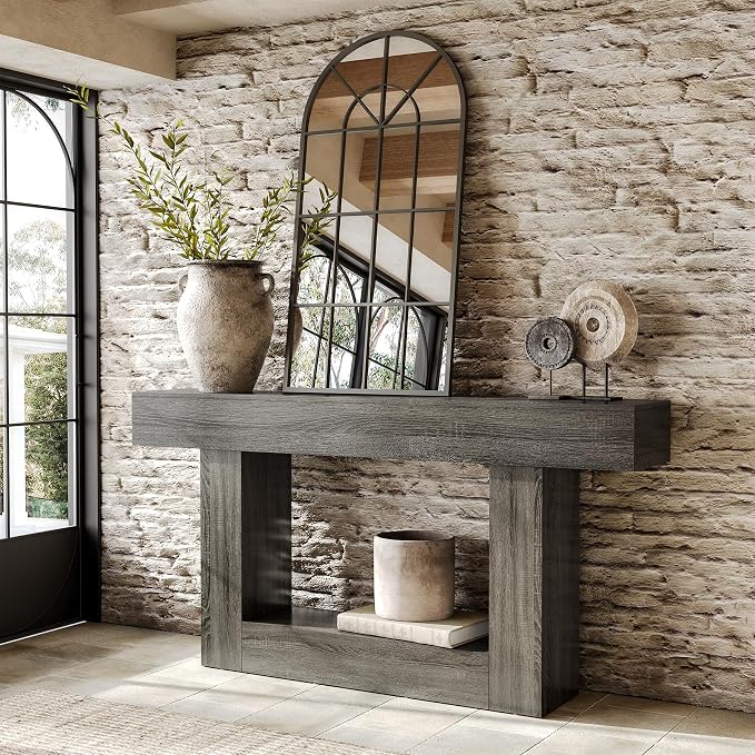 LITTLE TREE 63 Inches Long Console Table, 2-Tier Farmhouse Sofa Table Behind - Image 3