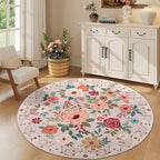DUKINO 5ft Round Rug, Non Slip Floral Washable Small Circle Rug, Low Pile - Image 4