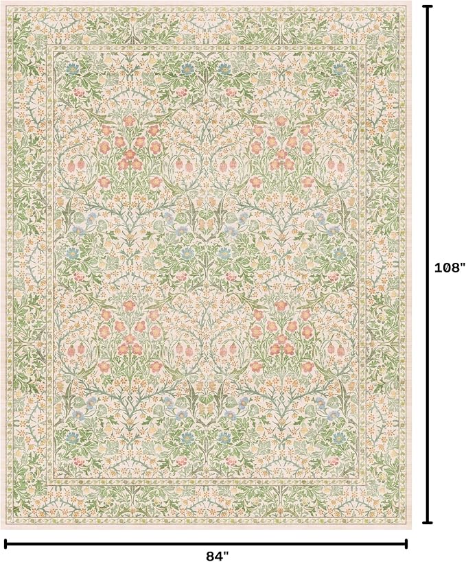 Light Beige Green Floral Living Room Rug, 7x9 Washable Area Rug - Image 2