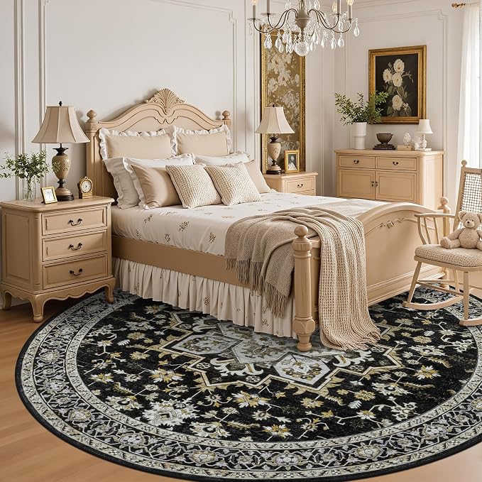 Round Area Rug for Living Room: 8ft Boho Washable Rug Black Gold | Vintage Boho - Image 4
