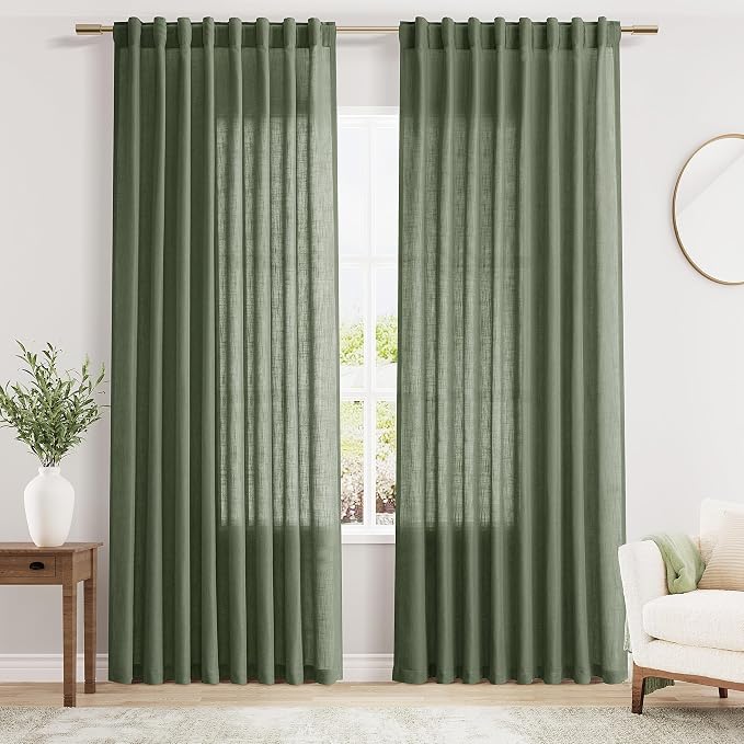 Olive Green Linen Sheer Curtains 84 Inch Length 2 Panels by Nanspring