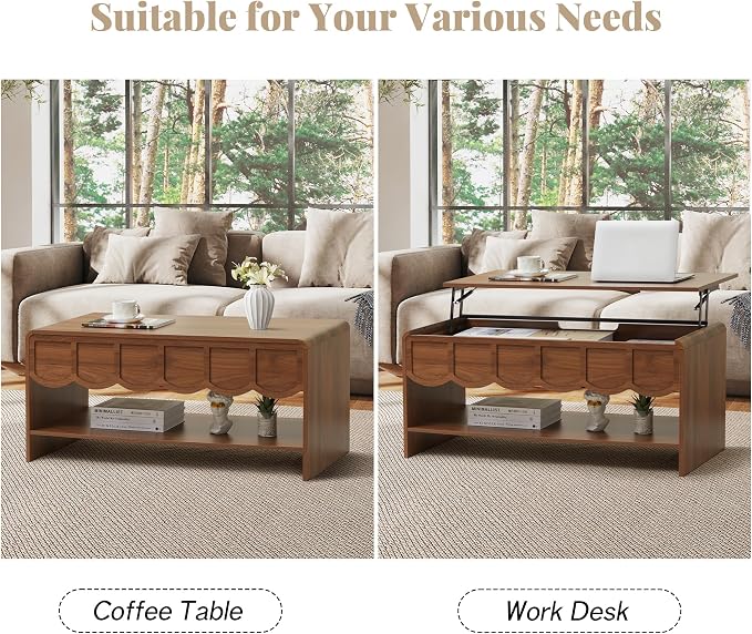 Lift Top Coffee Table with Hidden Compartment, 2 Tier Wooden Center Table with - Image 5