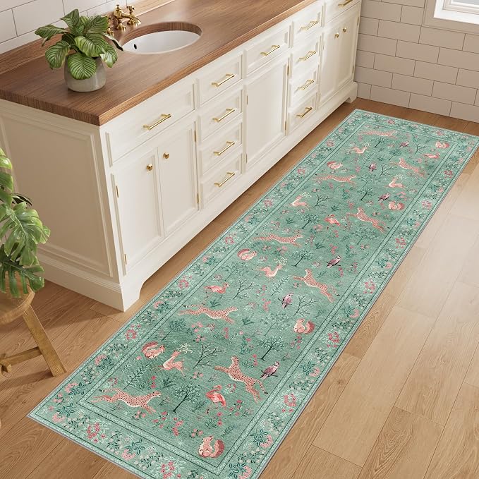 DUKINO 2x6 Runner Rug, Washable Animal Kitchen Rugs Non Slip, Teal | Soft - Image 4