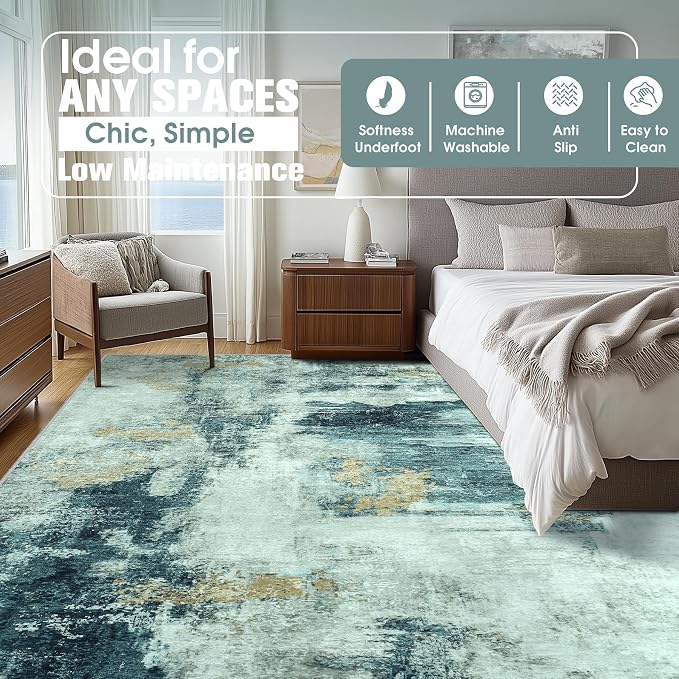 Aelenmu 10x14 Area Rugs for Living Room Washable Dining Room Teal Grey Gold | - Image 2