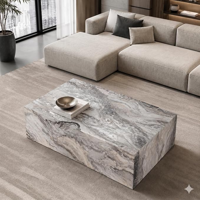 Coffee Table, Modern Faux Marble Living Room Table in Grey - Image 4