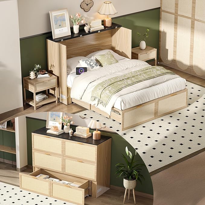 VINGLI Queen Size Rattan Murphy Bed by VINGLI