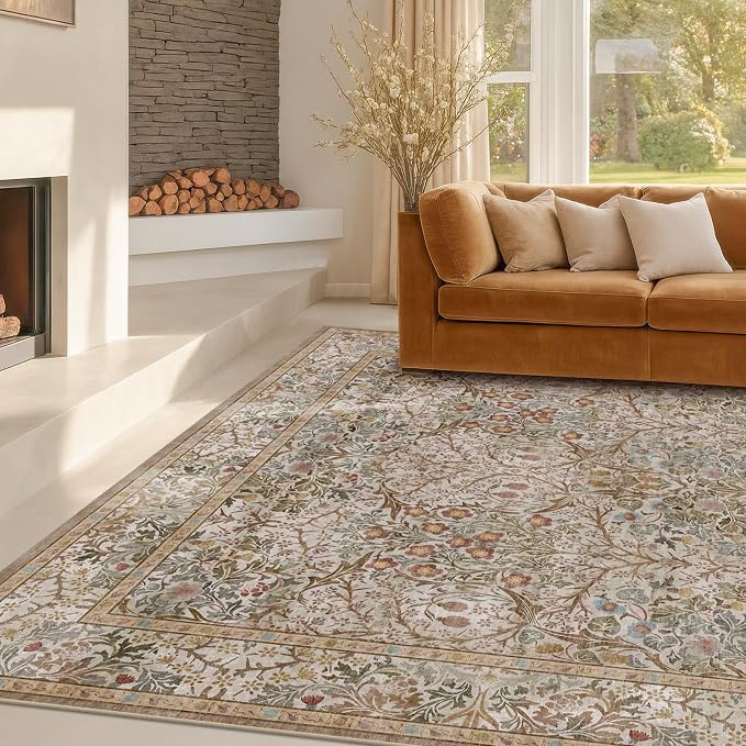 Vintage Moss Green Living Room Rug, 7x10 Washable Large Area Rugs - Image 8