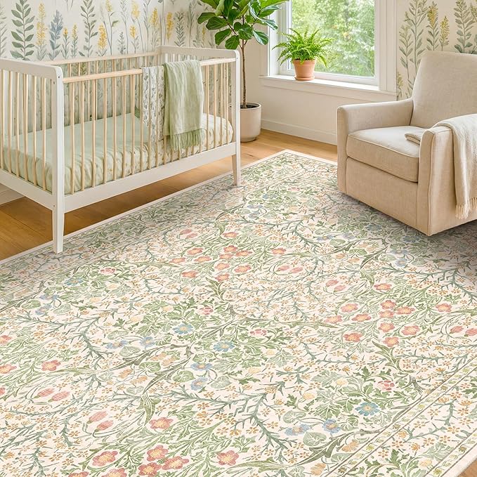 Beige Green Bedroom Rug 5x7 Area Rug - Image 4