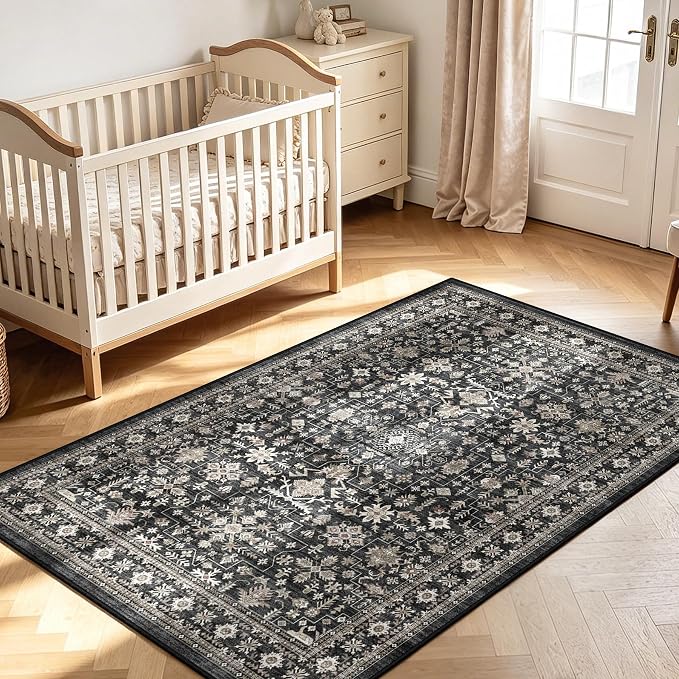 Grey Area Rug 3x5 for Bedroom Kitchen | Low Pile; Non Slip;Machine Washable; - Image 4