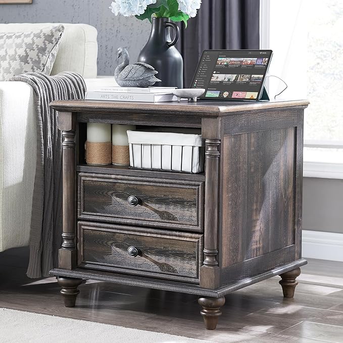 T4TREAM 24'' Farmhouse End Table w/4 Solid Wood Feet, Large 2 Drawers Wide Sofa by T4TREAMFurniture