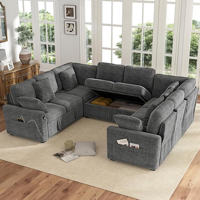 Hanherry Sectional Sofa with Pull Out Couch Bed, 8 Seat Corduroy Sleeper Sofa - Image 3