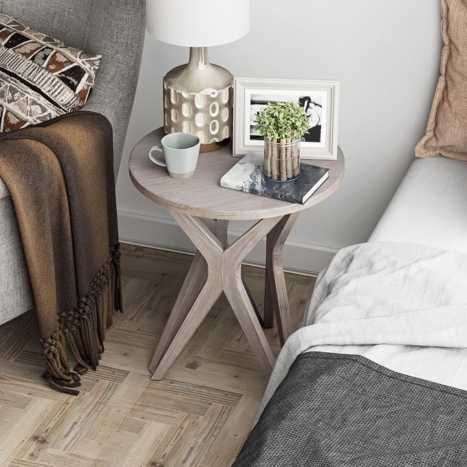 Pedestal Farmhouse End Table Set of 2, Distressed Top - Image 2