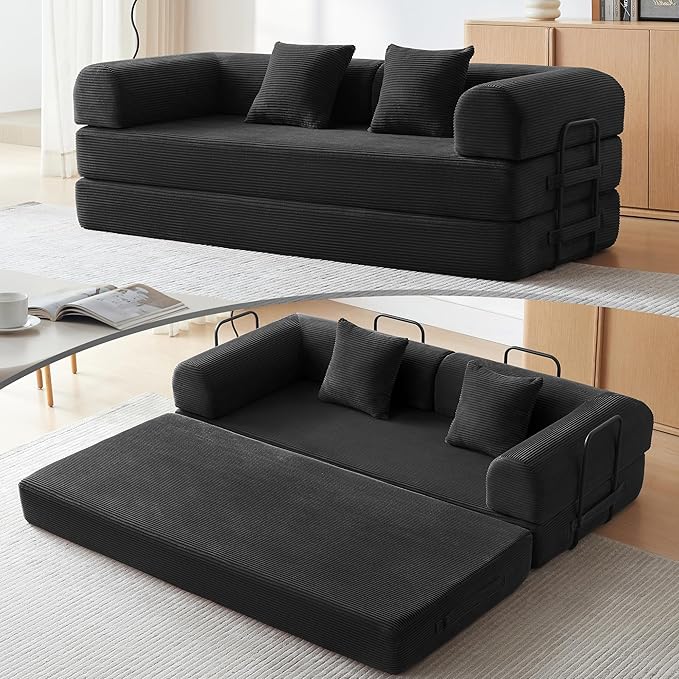 Convertible Sleeper Bed with 2 Cylindrical Pillow, Comfy Foldable Bed by QQR