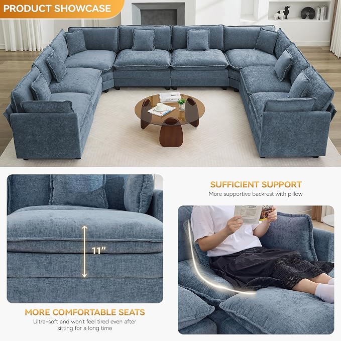 147'' Oversized U Shaped Cloud Sectional Sofa, Chenille Deep Seat Couches - Image 3