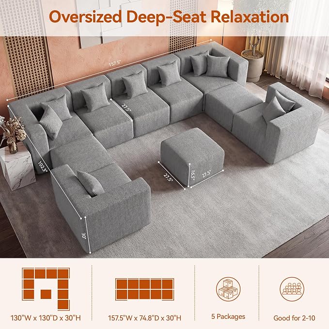 MONVANE Modular Sectional Sofa, Oversized 10 Seat Convertible U Shaped Couch - Image 3