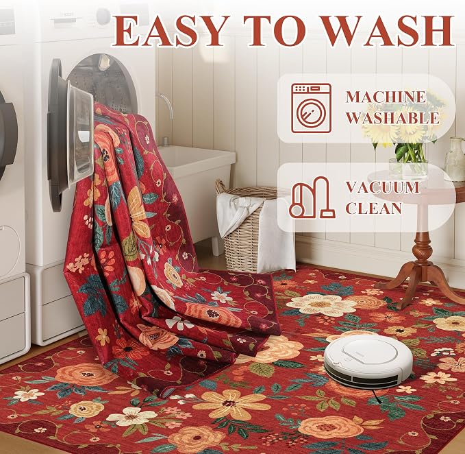 DUKINO 2x4 Entryway Rug, Floral Washable Kitchen Rugs Non Slip, Soft Indoor - Image 6