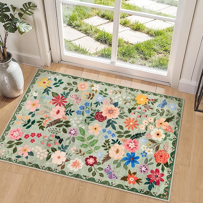 PLHXFR 2x3 Small Entryway Rug: Floral Washable Indoor Soft Carpet Green | by PLHXFRSoftAreaRugs
