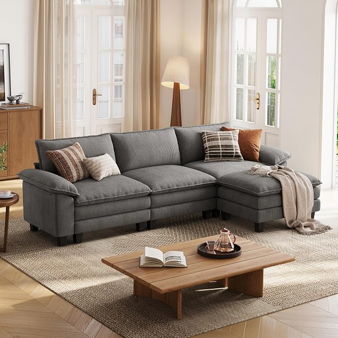 LINSY HOME 123" Modular L-Shaped Sectional Sofa, 3-Seat Corduroy Modern Cloud by LINSYHOME