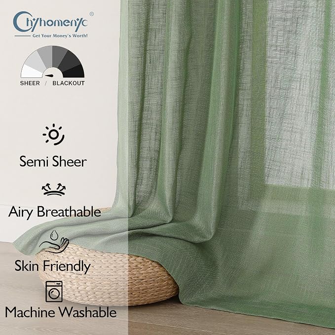 Chyhomenyc Extra Long Sage Green Semi Sheer Curtains 108 Inches Long 2 Panels - Image 2