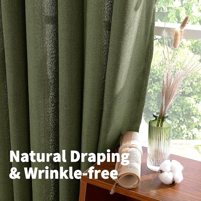 YoungsTex Olive Green Linen Semi Sheer Curtains 80 Inch Length 2 Panels | Light - Image 6