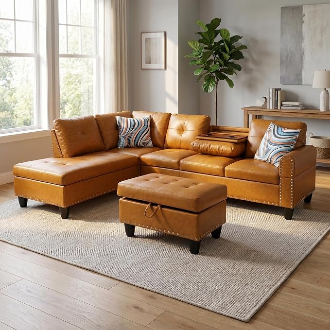 97.5" Yellow L Shaped Couch Set Leather, Modular Sectional Couches - Image 8