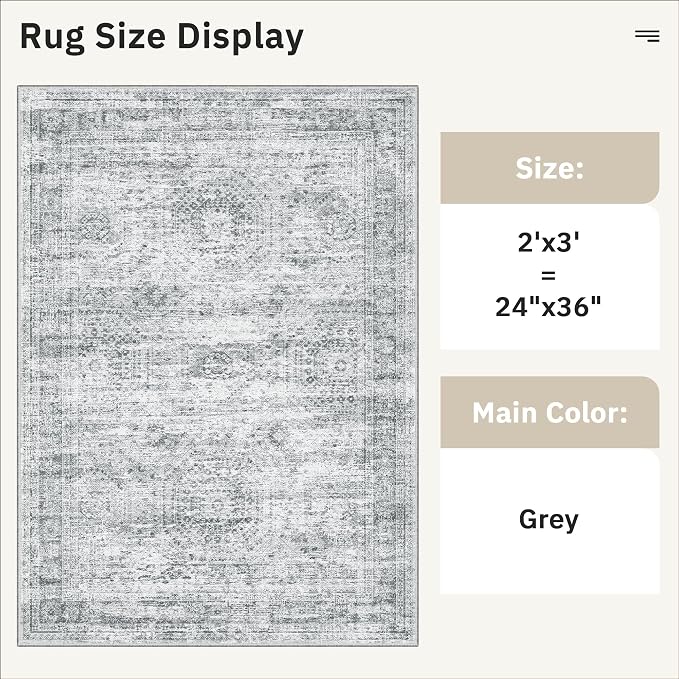 Soalmost 2x3 Washable Rugs for Kitchen, Small Area Rug Grey | Non-Slip Vintage - Image 5