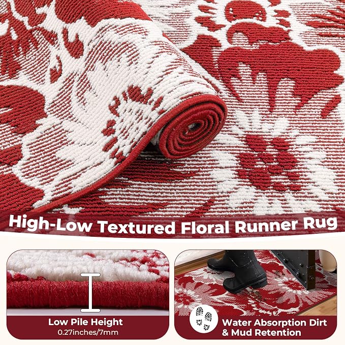 Findosom Christmas Runner Rug 2x8, Non Slip High-Low Textured Floral Washable - Image 5